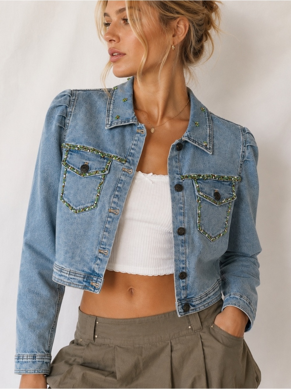 Vintage Y2K Denim Beaded Cropped Jean Jacket